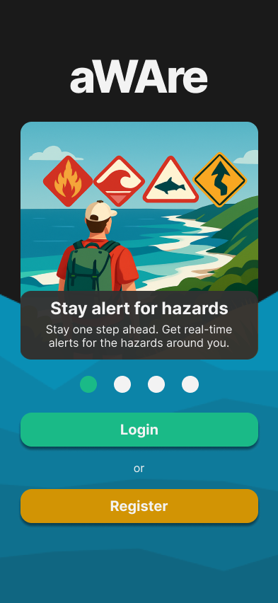 Onboarding screen showing the aWAre splash and login flow.