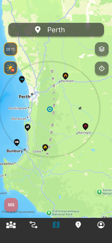 Map view showing hazard pins across Western Australia.