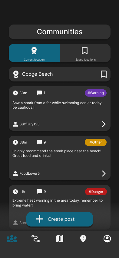 Community feed showing location-based posts from other travellers.