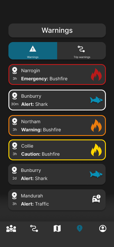 Warnings list showing colour-coded hazard severity.