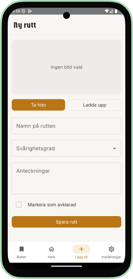 New route form with an empty photo placeholder, Ta foto and Ladda upp buttons, and empty fields for route name, grade, notes and a mark as completed checkbox.