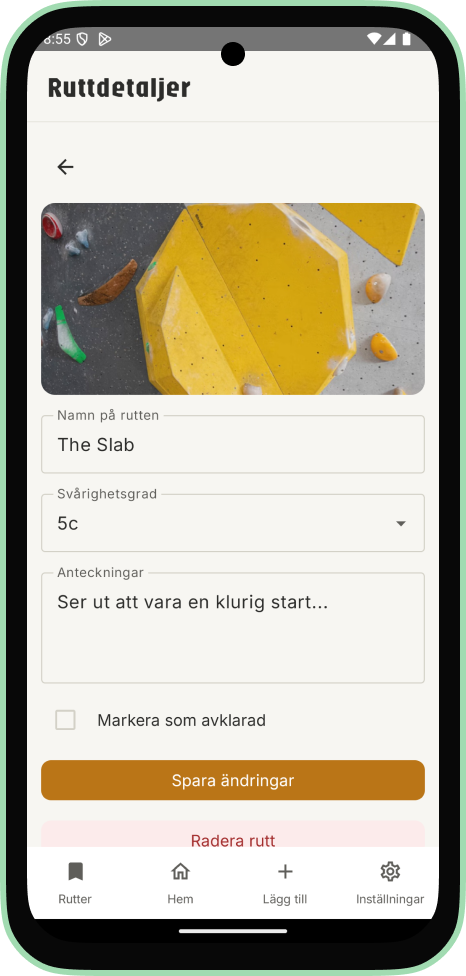 Route detail screen for The Slab showing a photo of yellow holds, name, grade 5c, notes, a mark as completed checkbox, a save changes button and a delete route option.