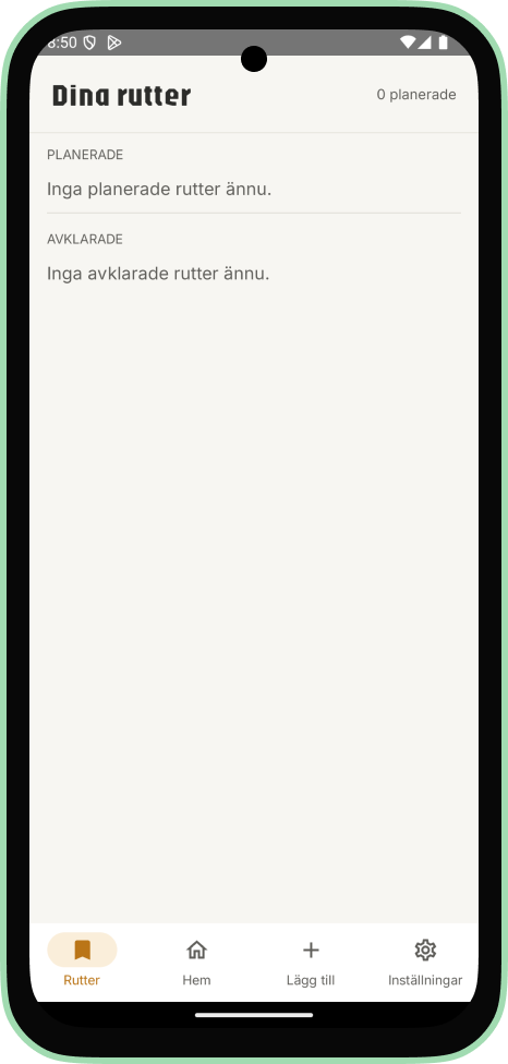 Routes screen in empty state showing no planned and no completed routes.