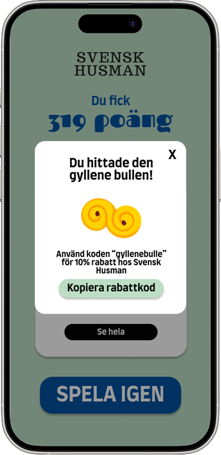 Discount code modal with a golden Lussebulle and a button to copy the code and visit Svensk Husman.