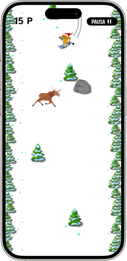 Game screen showing the skiing character dodging obstacles and collecting lussebullar.
