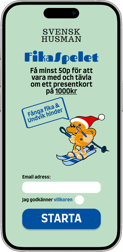 Start screen showing the FikaSpelet logo, a skiing Lussebulle, email input and a Starta button.
