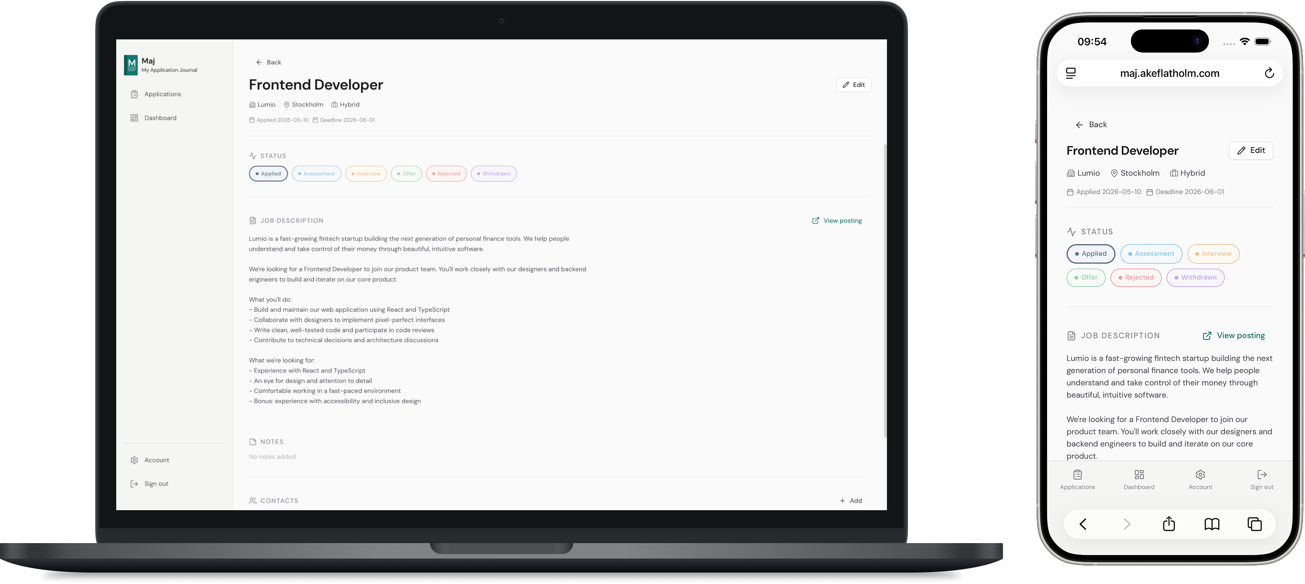 Application detail view
