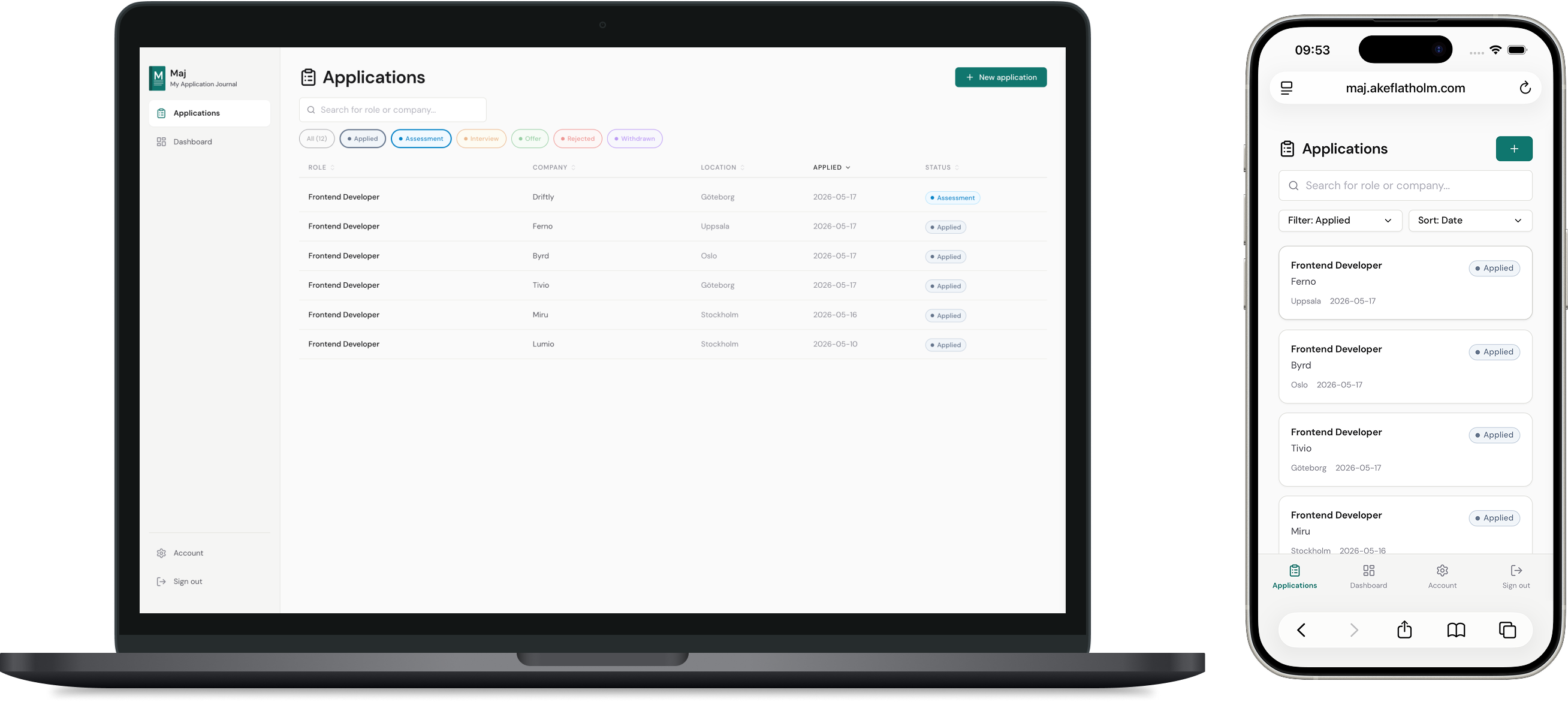Applications list filtered by status