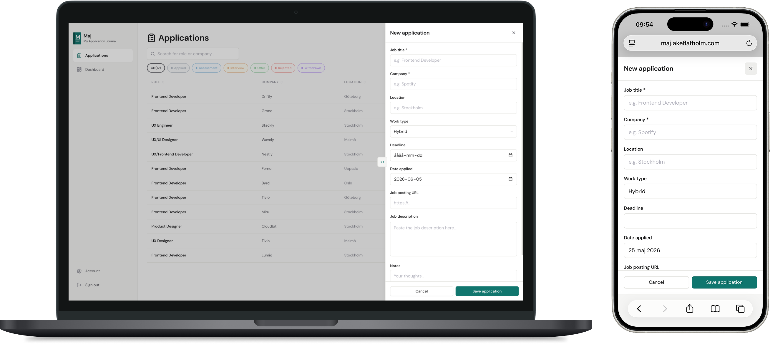 Application list with the new application drawer open on the right side.