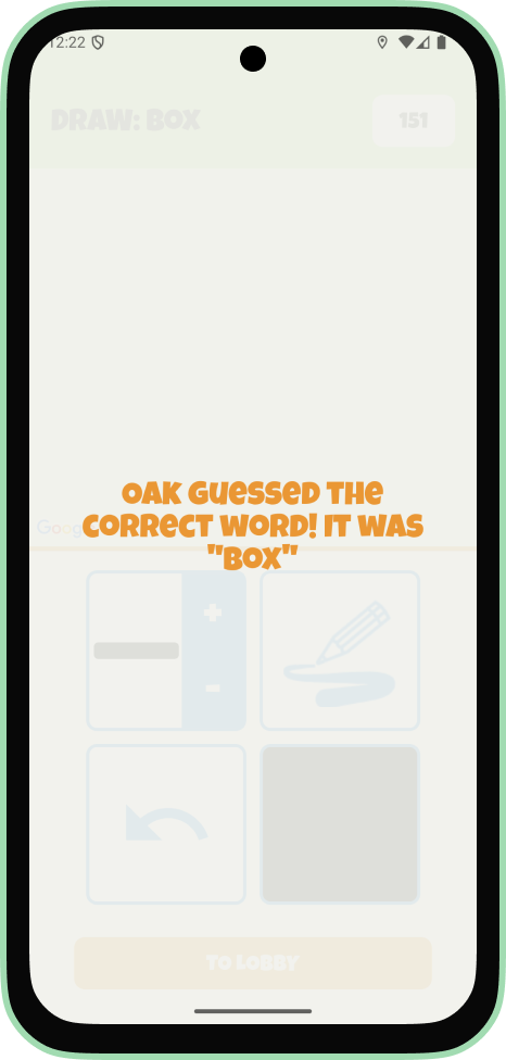 Android draw screen showing the correct guess overlay with the message: OAK guessed the correct word! It was BOX.