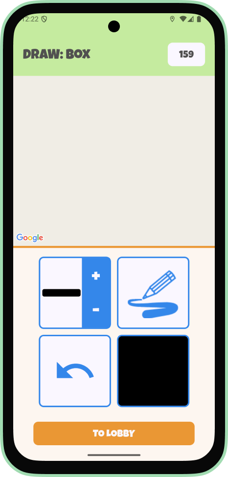 Android draw screen showing the word BOX with a slightly larger brush size selected on the drawing tools panel.
