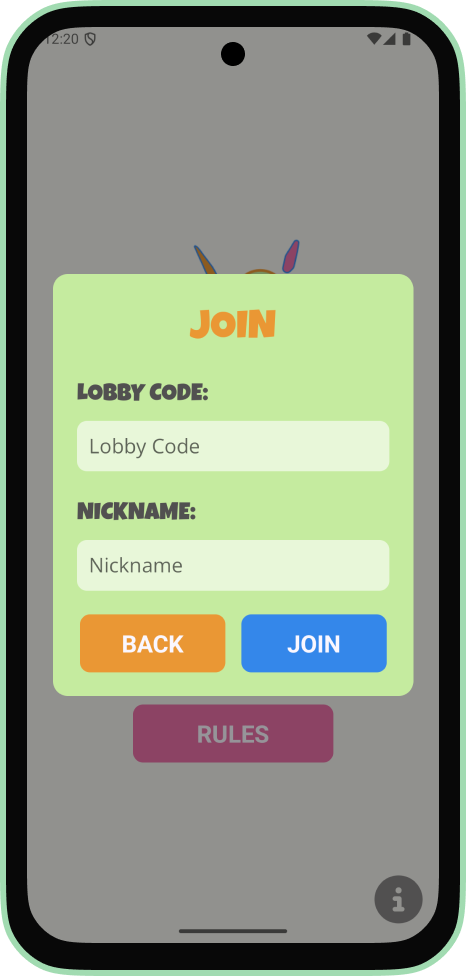 Android join screen showing an empty form with fields for Lobby Code and Nickname, plus Back and Join buttons.