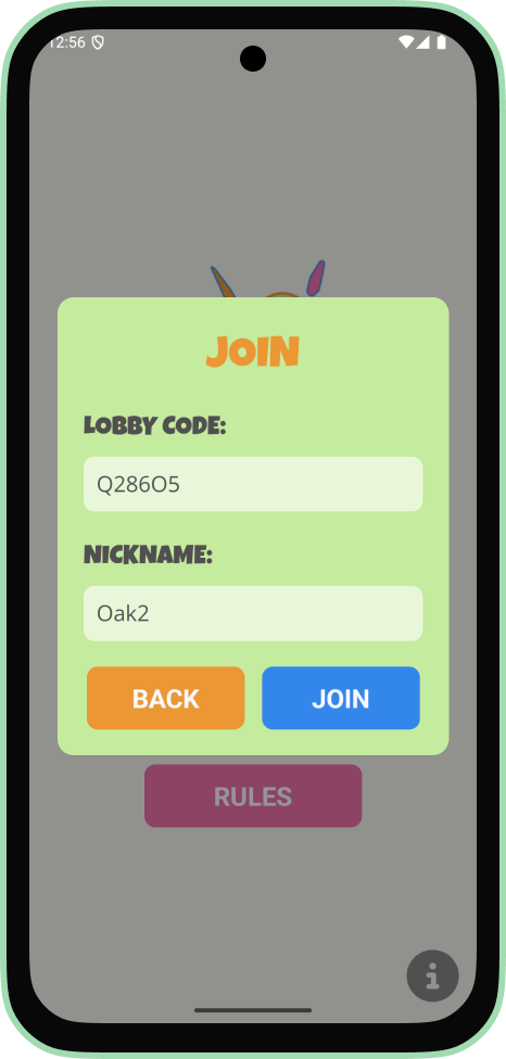 Android join screen showing the join form filled in with lobby code Q286O5 and nickname Oak2.