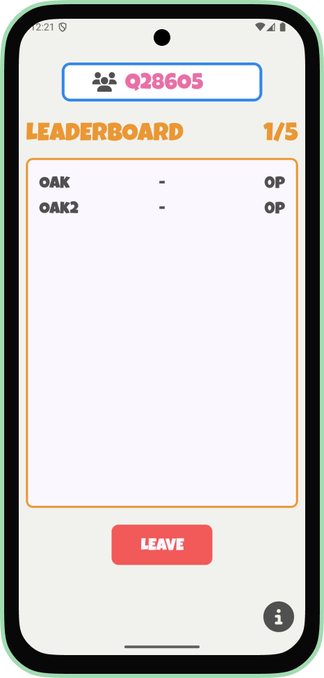 Android lobby screen showing room code Q28605, a leaderboard in round 1 of 5 with players OAK and OAK2 both on 0 points, and a Leave button.
