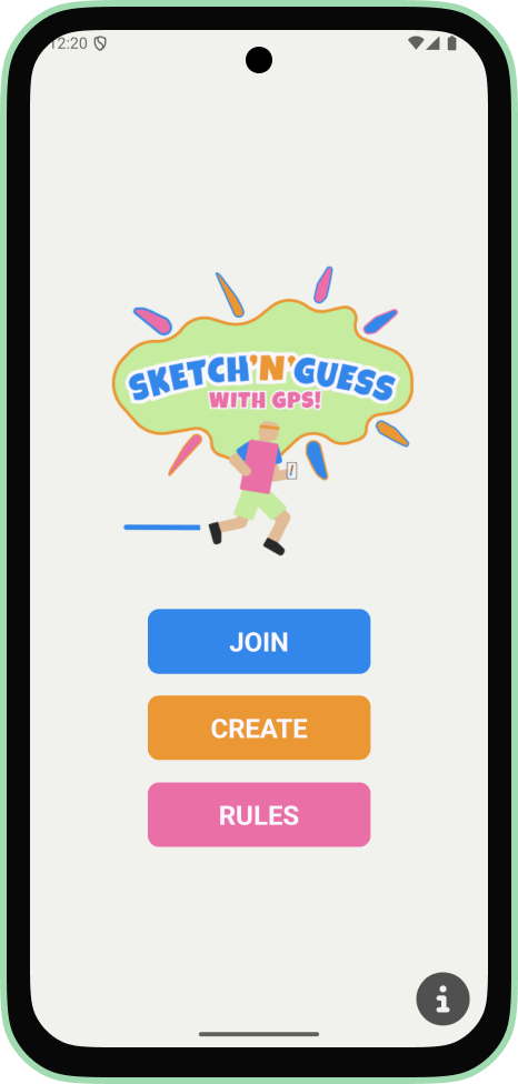 Android home screen showing the Sketch'N'Guess logo with Join, Create and Rules buttons.