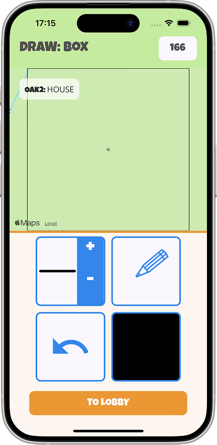 iOS draw screen showing the word BOX, a chat message from OAK2 reading HOUSE on the map canvas, drawing tools for brush size, stroke style, undo, and color, plus a To Lobby button.