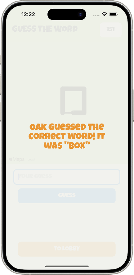 iOS guess screen showing the correct guess overlay with the message: OAK guessed the correct word! It was BOX, with the guess input and buttons faded in the background.