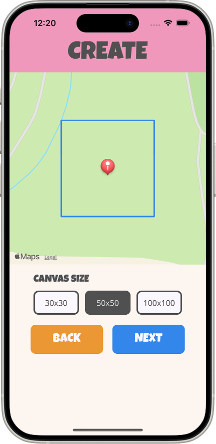 iOS create screen showing a map with a canvas boundary and canvas size options.