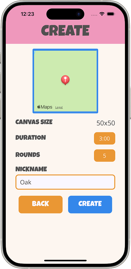 iOS create screen showing a map preview, canvas size set to 50x50, duration set to 3 minutes, rounds set to 5, nickname field filled with Oak, plus Back and Create buttons.