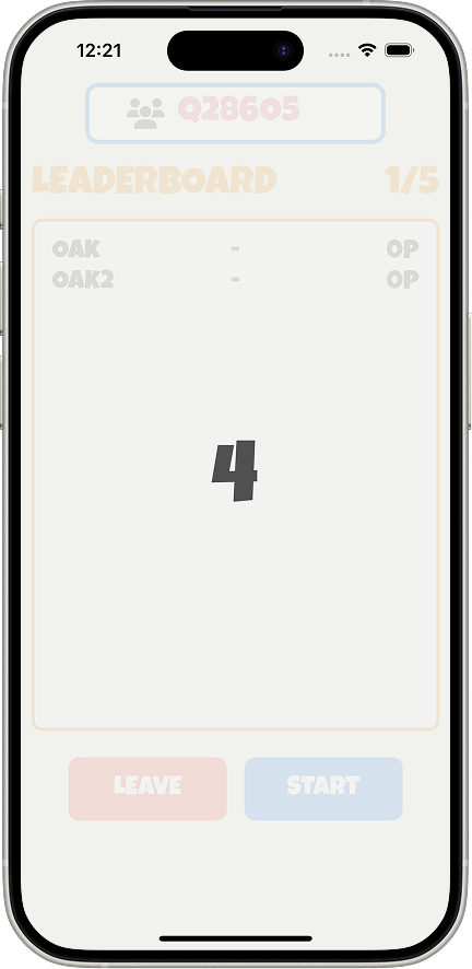 iOS lobby screen showing the countdown overlay with the number 4, room code Q28605, and players OAK and OAK2 both on 0 points.