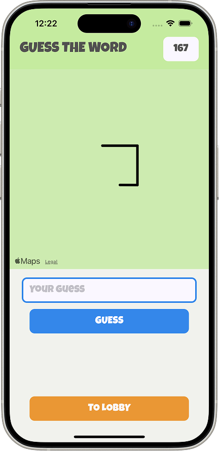 iOS guess screen showing a partial GPS-traced shape on the map canvas, a text input for guesses, a Guess button, and a To Lobby button.