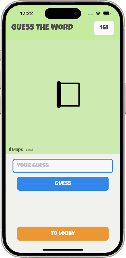 iOS guess screen showing a near-complete GPS-traced box shape on the map canvas, a text input for guesses, a Guess button, and a To Lobby button.