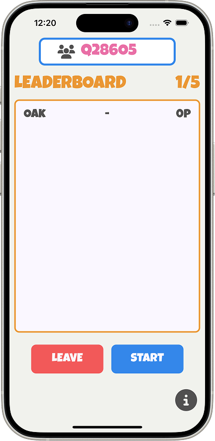 iOS lobby screen showing room code Q28605, a leaderboard in round 1 of 5 with player OAK on 0 points, and Leave and Start buttons.