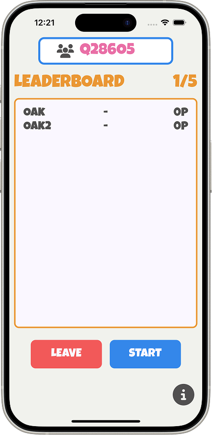 iOS lobby screen showing room code Q28605, a leaderboard in round 1 of 5 with players OAK and OAK2 both on 0 points, and Leave and Start buttons.