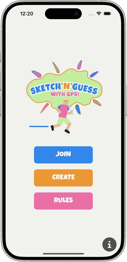 iOS home screen showing the Sketch'N'Guess logo with Join, Create and Rules buttons.