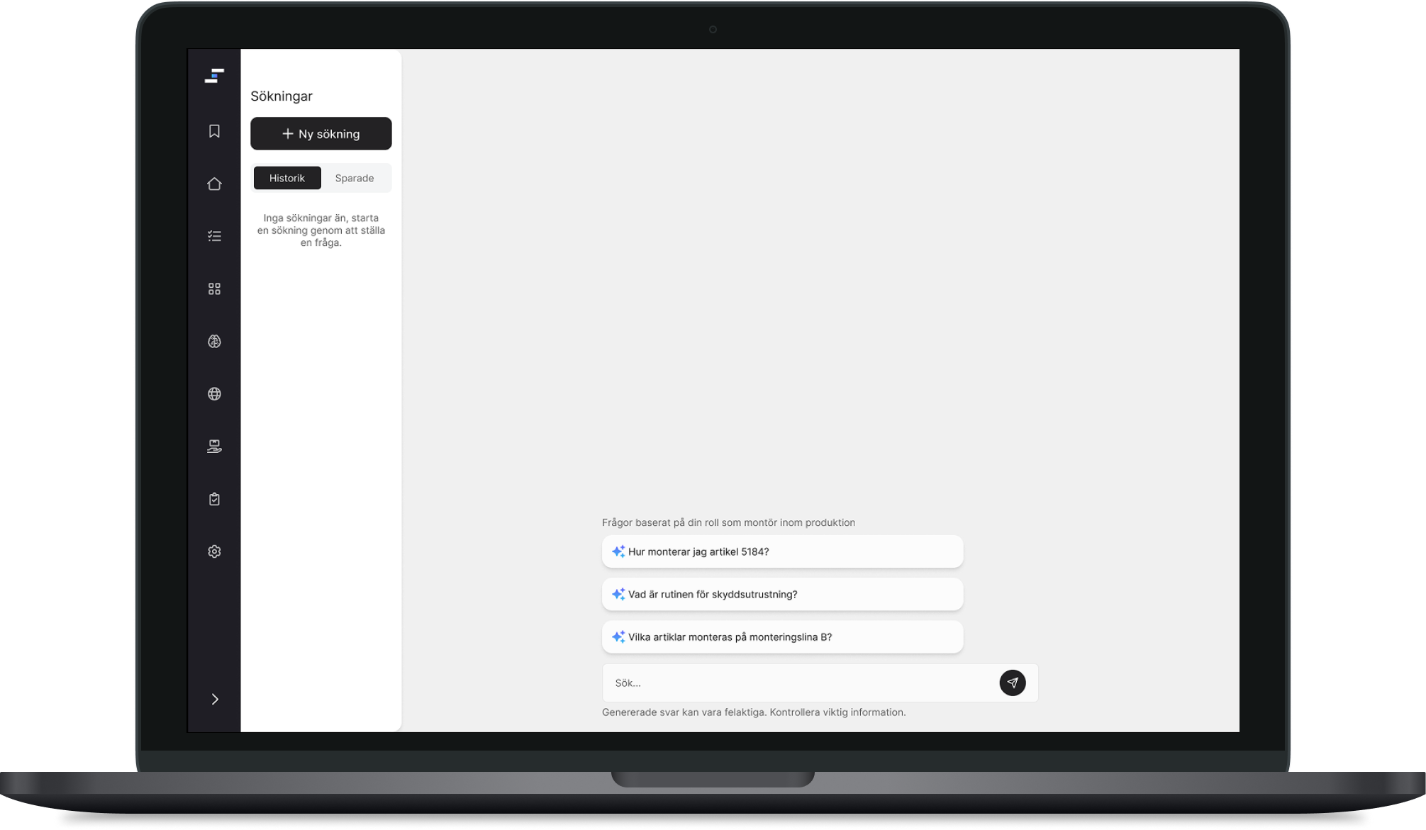 The start view of the HiFi prototype, showing a conversational search interface with role-based suggested questions and a search input field.