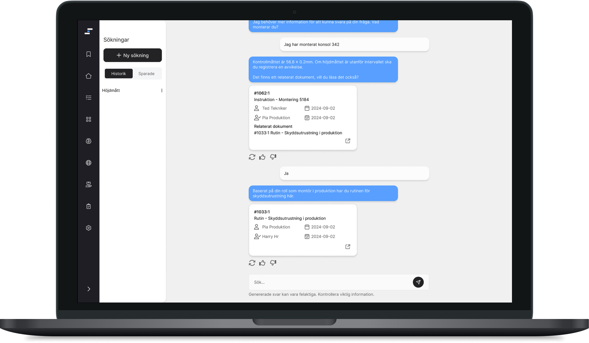 A conversation view showing the system asking for more context, a generated response with a source card containing document metadata, and a related document suggestion.