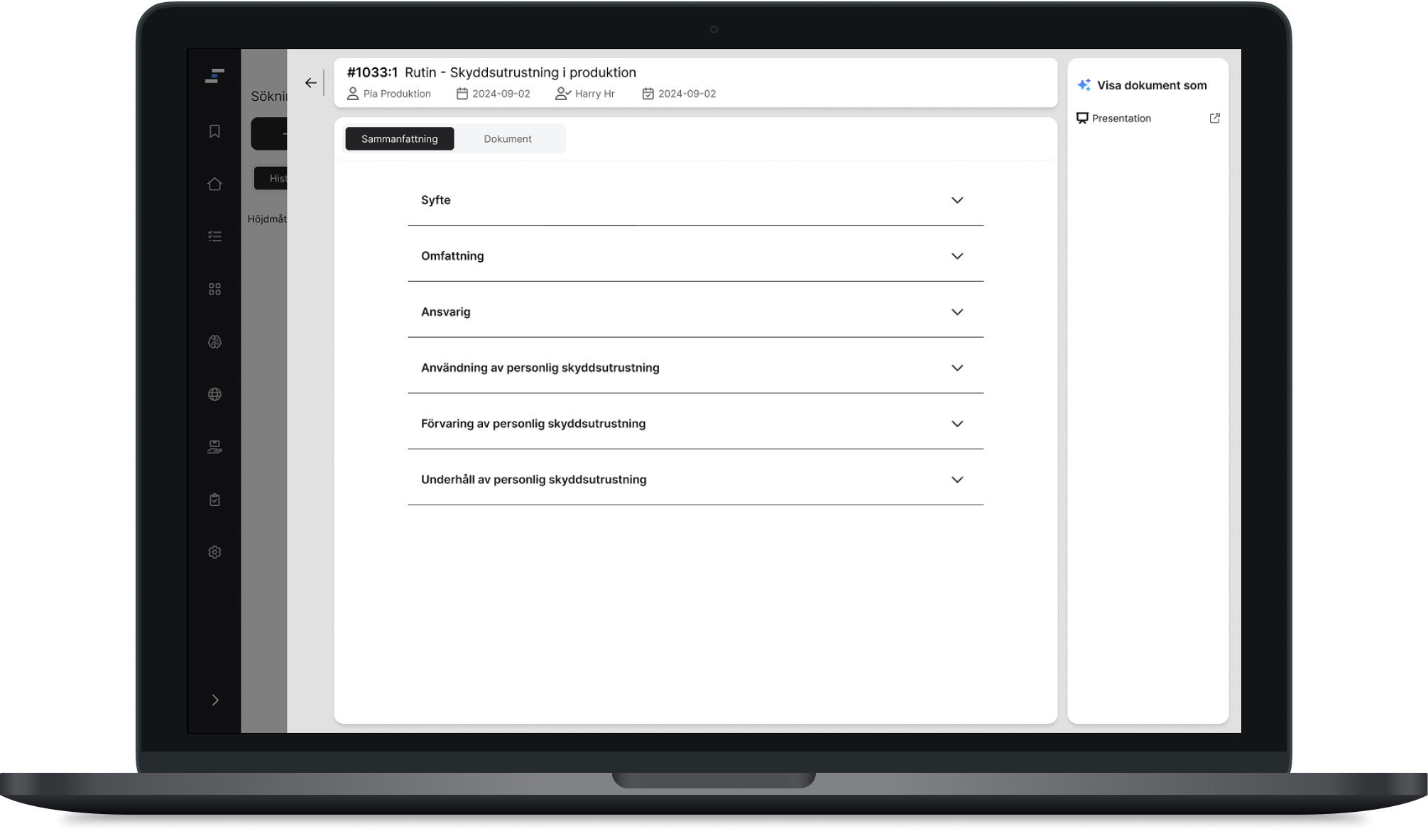 The summary view of a document, showing collapsible sections for each part of the routine.