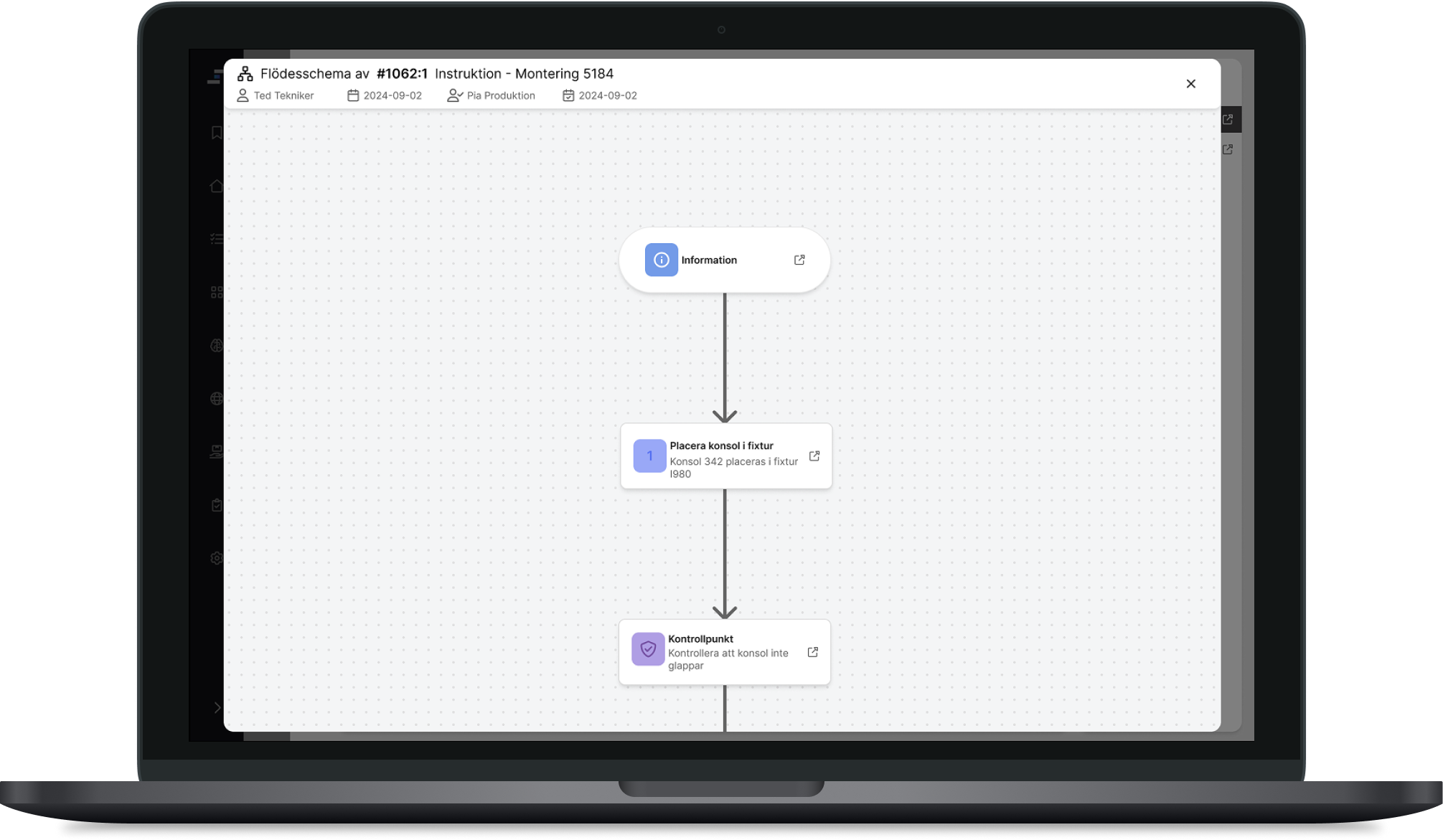 A flowchart view of an assembly instruction, showing an information node, a step node, and a control point node connected by arrows.