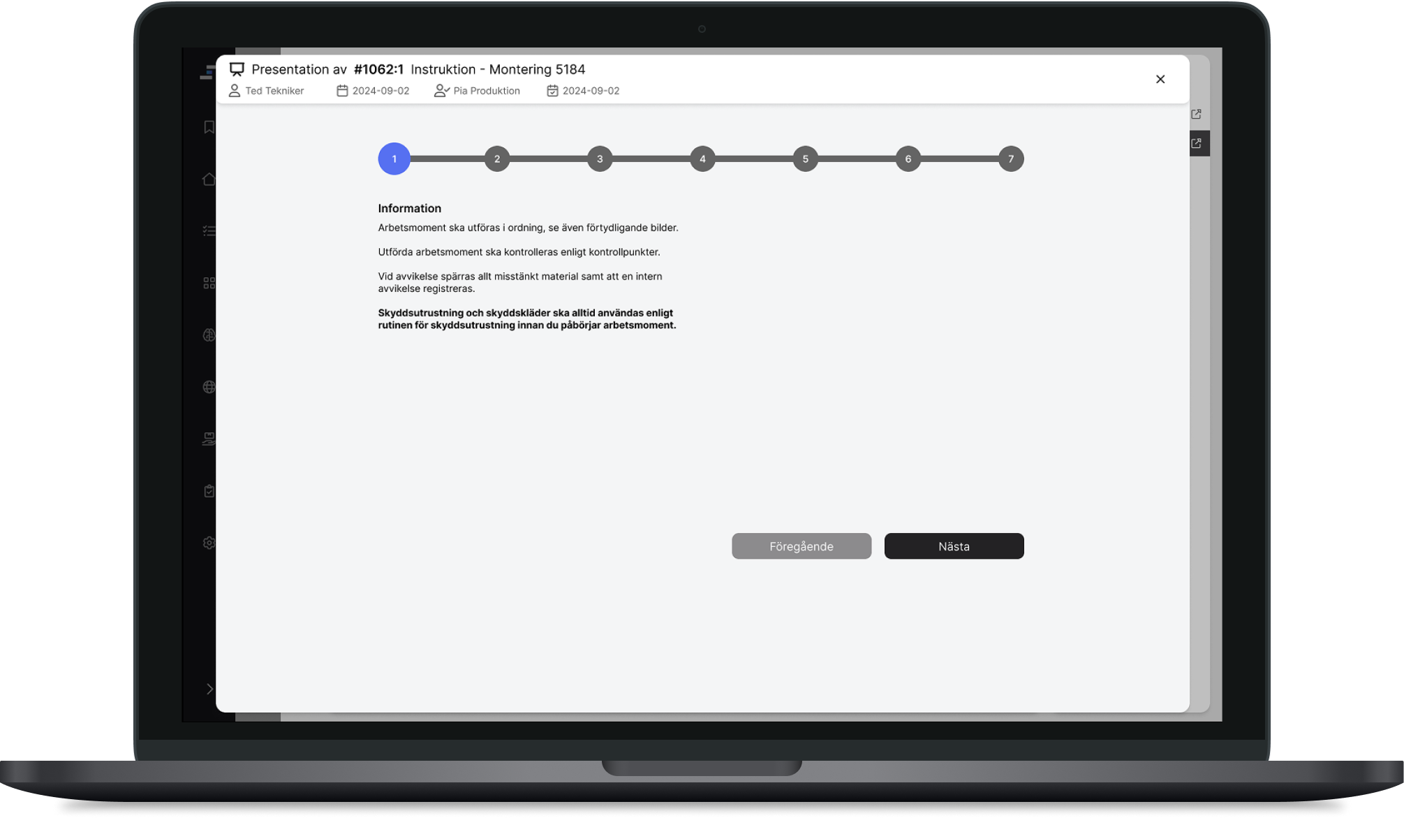 A presentation view of an assembly instruction, showing a step progress bar at the top and the current step content below.